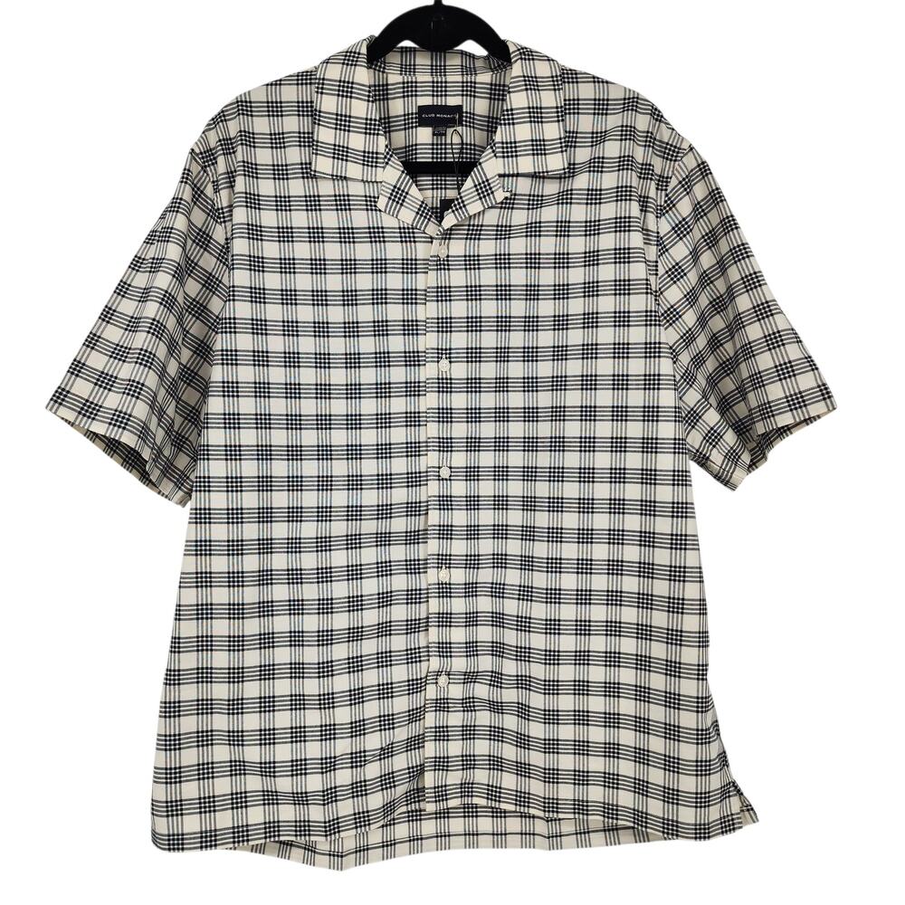 NWT Club Monaco Cream Short Sleeve Gingham Plaid Oxford Button Up Shirt Size XL